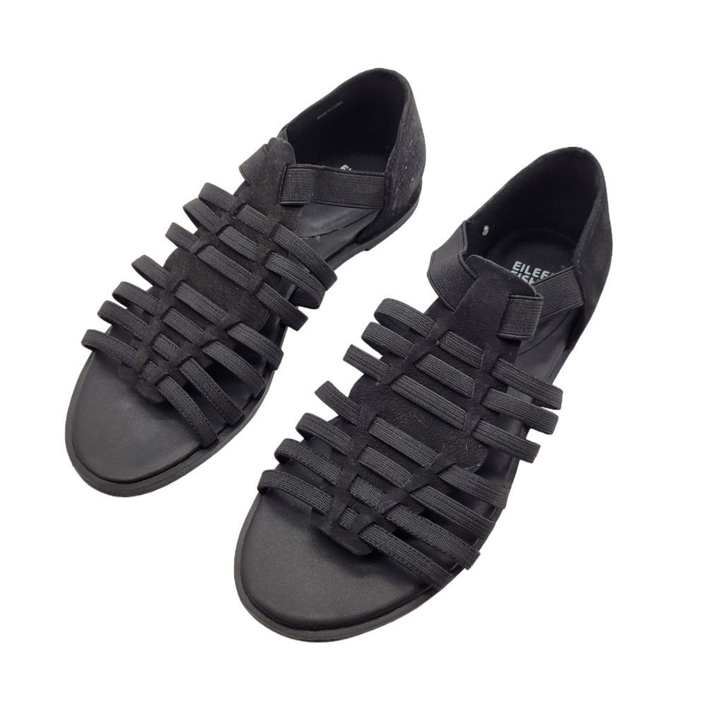 Eileen Fisher Flat Sandals 8.5 Strappy Stretchy Black Rato